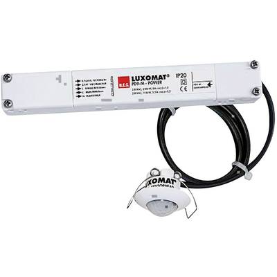 A LUXOMAT motion sensor with IP20 protection rating, consisting of an elongated white housing and a round sensor with cable connection.