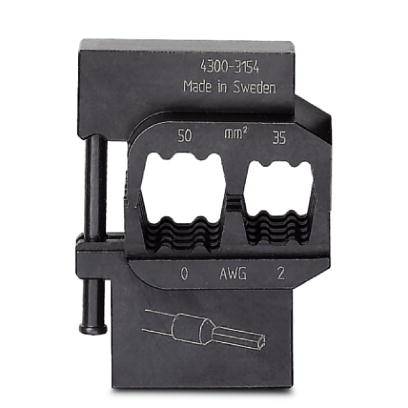 Metal tool for crimping connections; has two differently sized openings, labelled '50 mm²' and '35 mm²'.