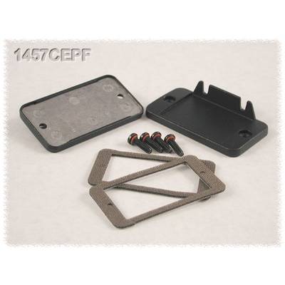 'Rectangular housing lid, screws and seals on a light background.'