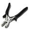 Pictured is a pair of pliers with a black handle, made of shiny metal, marked with numbers and letters.
