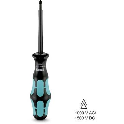 Screwdriver with insulated handle, suitable for 1000 V AC and 1500 V DC, with blue-black design.