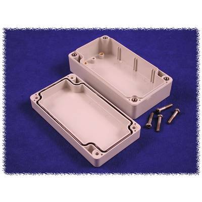 Plastic housing in two parts, opened on a blue background, with four screws beside it.