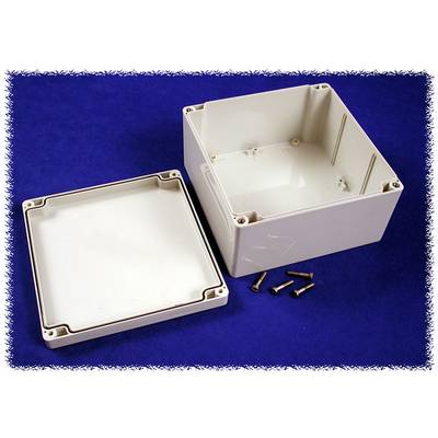 An open, square plastic enclosure on a blue background; four screws beside it. Ideal for electronic projects.
