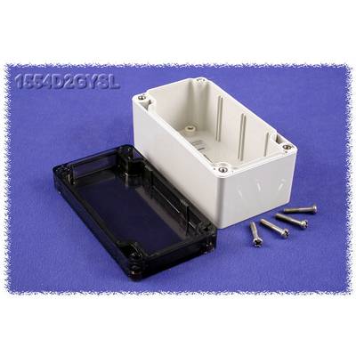 An open, empty enclosure with a separate transparent lid and four screws against a purple background.