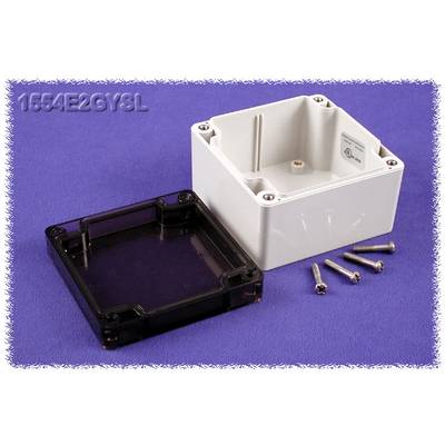 'Plastic casing with a removable transparent lid and four screws on a purple background.'
