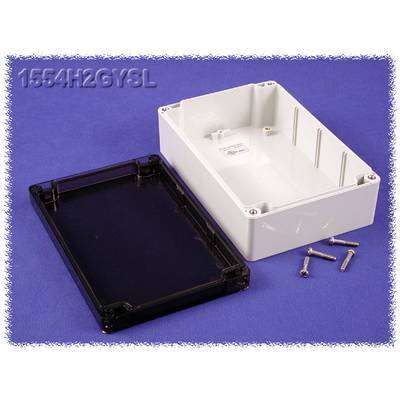 White plastic box with a removable dark lid and six screws, suitable for electronic enclosures.