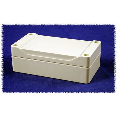 A rectangular, white plastic electrical enclosure with four screw holes at the corners, positioned on a blue background.