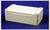 A rectangular, white plastic electrical enclosure with four screw holes at the corners, positioned on a blue background.