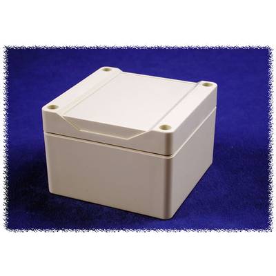 A white, square plastic box on a blue background.