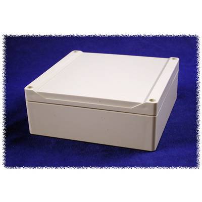White plastic box with lid, on a blue background. Square shape, with four screw holes at the corners of the lid.