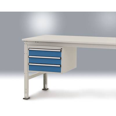 A white desk with a blue drawer box on the left side, against a grey background.