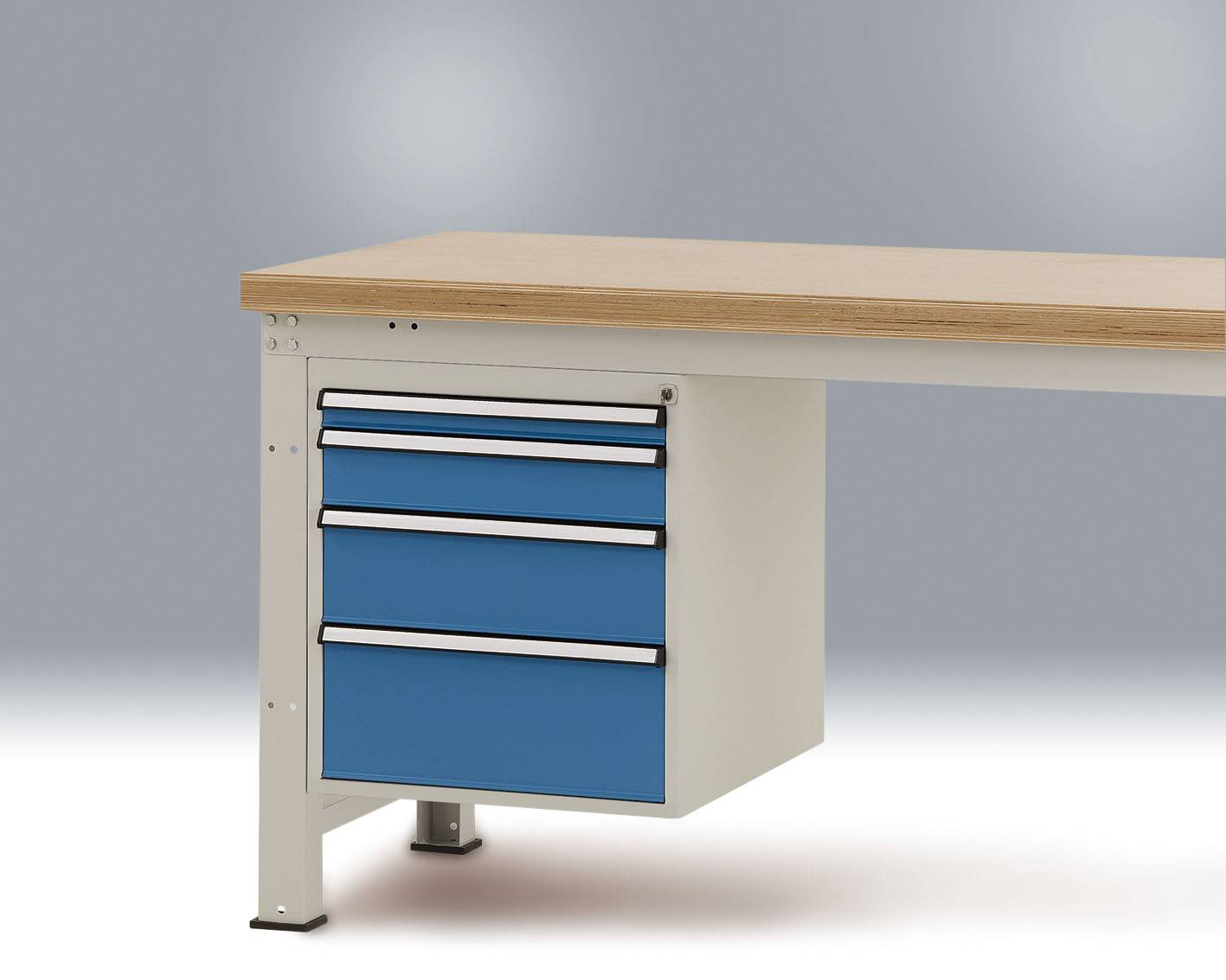 A white table with a wooden top and three blue drawers on the left-hand side.