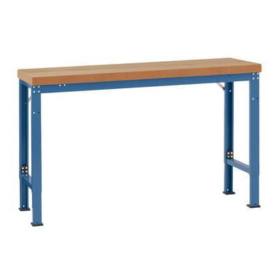 A rectangular workbench with a blue metal frame and a smooth wooden worktop. Suitable for workshop tasks.