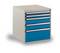 Metal cabinet with five blue drawers, suitable for storing tools or office supplies.