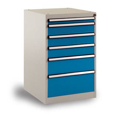 Beige metal cabinet with five blue drawers. Simple design, suitable for workshop or office organisation.