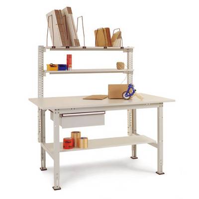 A white workbench table with two shelves, featuring items such as adhesive tape, boxes, and folders, ideal for packing and storage.