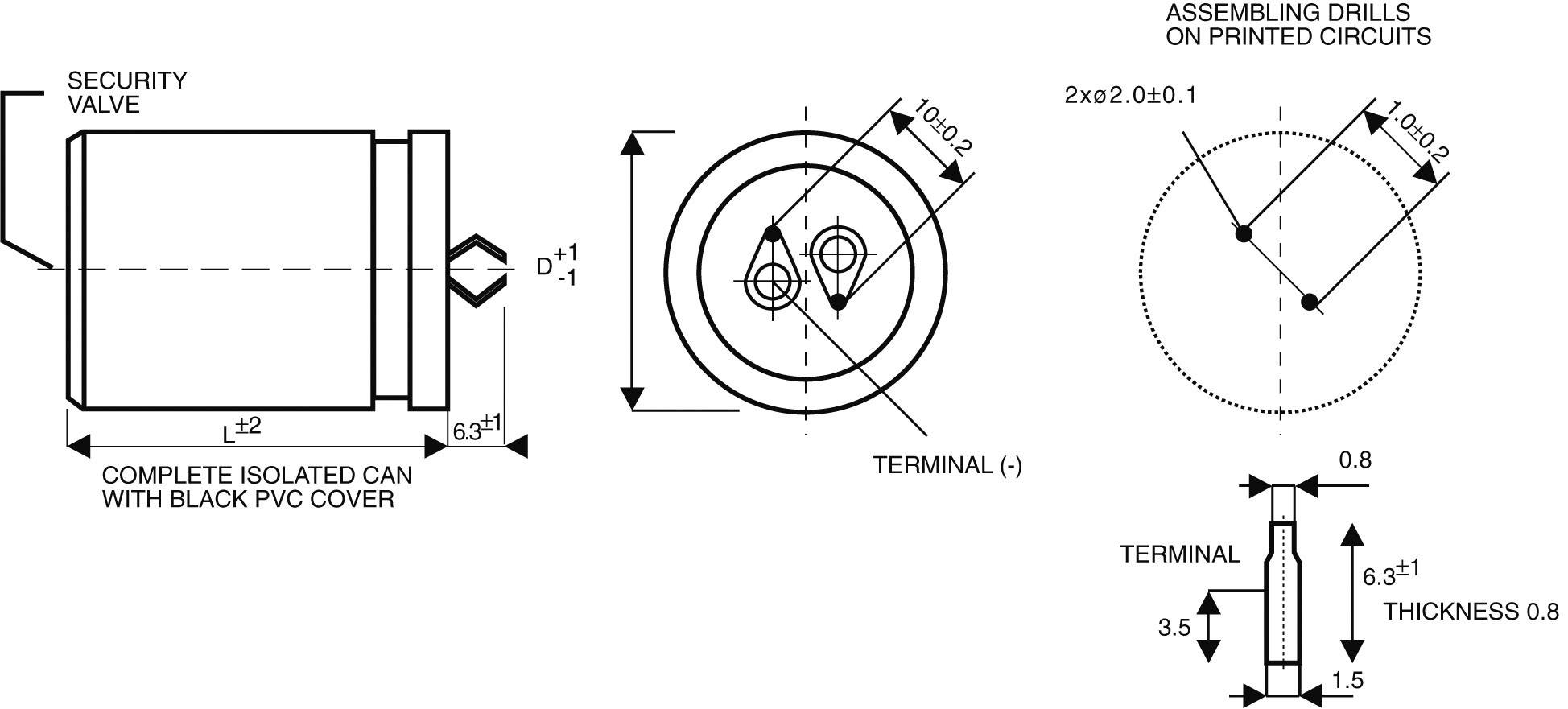 Technical drawing of an electrical component with safety valve, connection terminals, and mounting holes for circuit board installation.