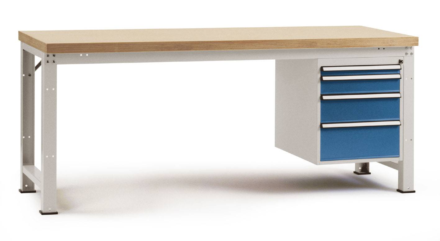 A modern work desk with a wooden top and four blue drawers underneath. Sturdy metal frame, functional design.
