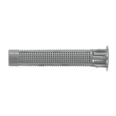 A grey plastic wall plug with a mesh structure and a tapered end. Suitable for fixing into walls.