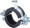 Metal pipe clamp with rubber lining for securing pipes, fitted with two screws for reliable fastening.