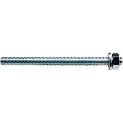 A long metal threaded rod with a screw thread, secured with a hexagonal nut at one end.