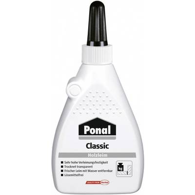Bottle of wood glue 'Ponal Classic' with black cap. Label: high bonding strength, dries transparent, water-removable, solvent-free.