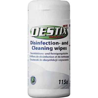 Container of 'Destix' disinfectant and cleaning wipes, 115 wipes. Text in multiple languages on the packaging.<br><br>Note: This translation is already in British English, as the terminology and phrasing are consistent with UK usage.