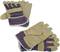 Two pairs of work gloves made from beige leather with striped fabric inserts, suitable for manual craftsmanship.