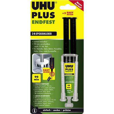 Packaging for a 2-component epoxy adhesive 'UHU Plus Endfest' with a 90-minute curing time. Contains two Easy Mixers and is suitable for metal, stone and more.