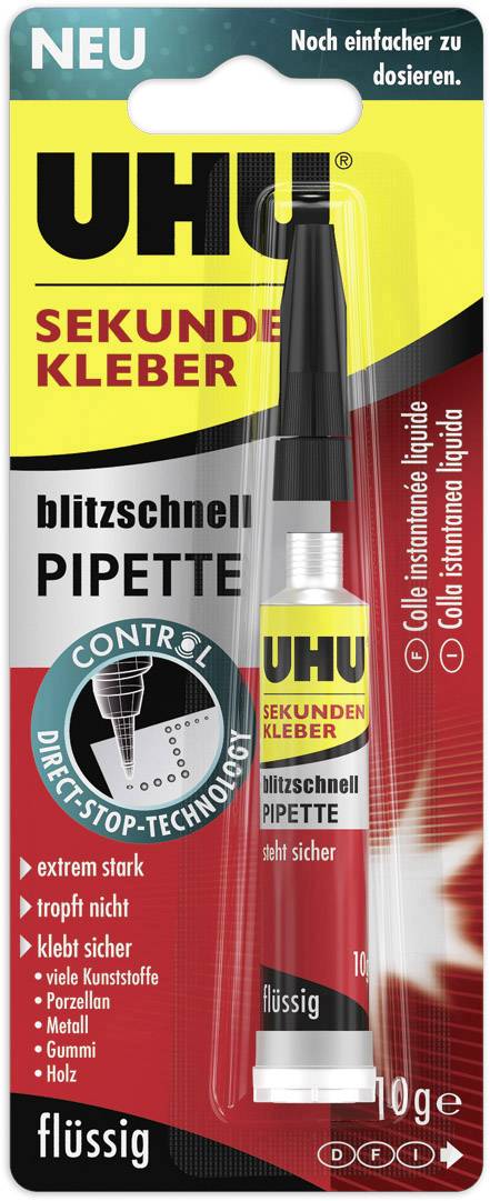 Packaging of 'UHU Instant Adhesive' with pipette, 10g. Promises lightning-fast bonding, does not drip and holds on many materials.