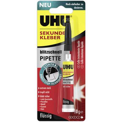 Packaging of 'UHU Instant Adhesive' with pipette, 10g. Promises lightning-fast bonding, does not drip and holds on many materials.