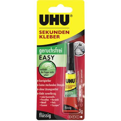 Packaging of UHU Instant Adhesive. Contains a 3g tube. Features: odourless, adjustable, suitable for various materials such as ceramics and wood.