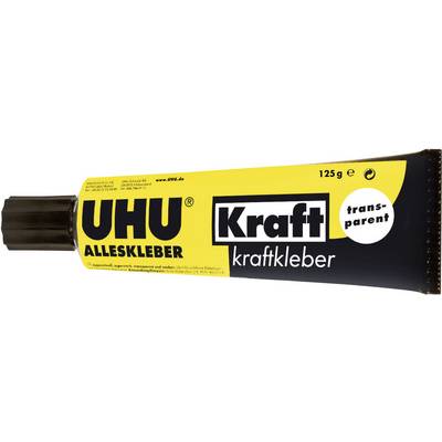 A tube of UHU All-Purpose Adhesive, 125g, clear. Packaging is black and yellow with the inscription 'Power Adhesive'.