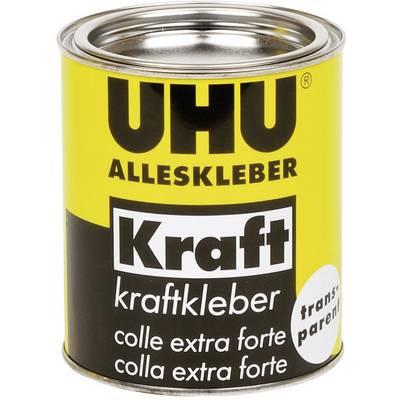 UHU All-Purpose Power, a strong, transparent adhesive for various materials. Label in yellow and black.