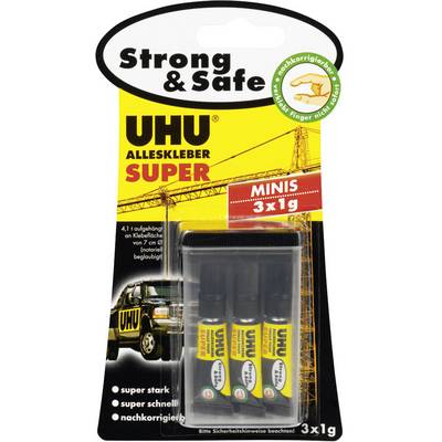'Packaging of UHU All-Purpose Adhesive Super Minis, 3x1g Tubes. Strong, fast adhesive, repositionable. Label: repositionable.'