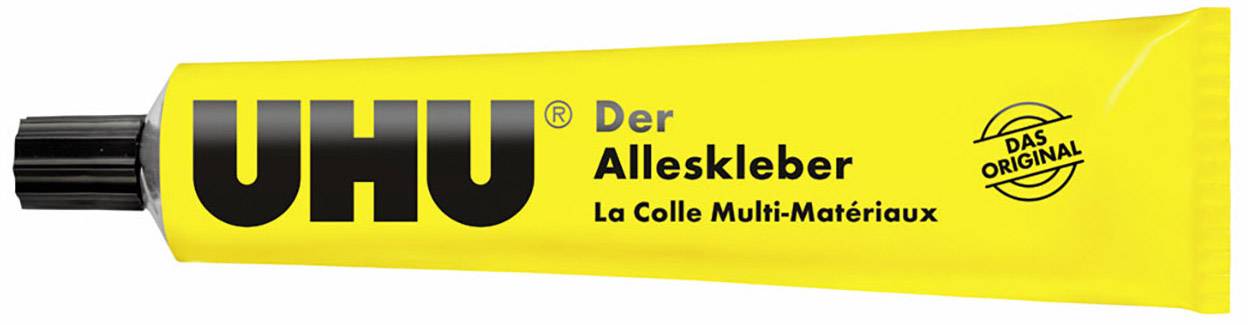 Yellow tube with the inscription 'UHU All-Purpose Adhesive', underneath 'Multi-Material Glue'