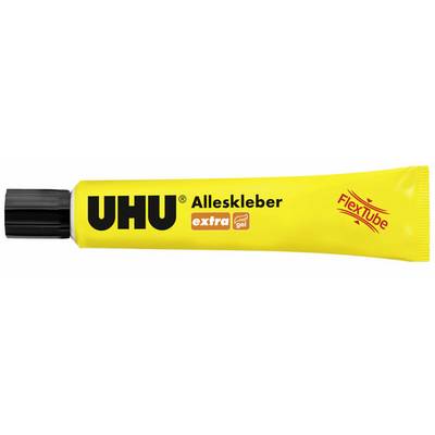 Yellow UHU All-Purpose Adhesive tube with a black lid. Text reads: 'UHU All-Purpose Adhesive extra gel'. Brand logo and note 'FlexTube'.