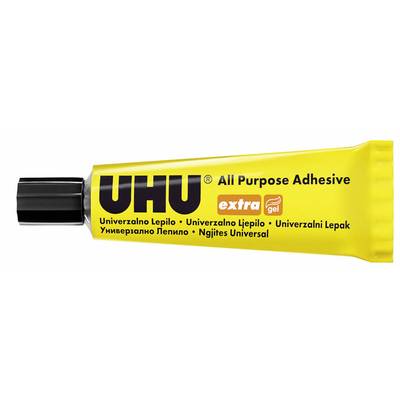 'UHU Yellow Universal Glue' in a yellow tube with a black cap. Text on tube: 'All Purpose Adhesive extra gel'.
