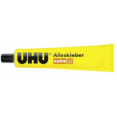 Yellow tube of 'UHU All-Purpose Adhesive' with the inscription 'extra gel'. High-performance adhesive for multiple materials.