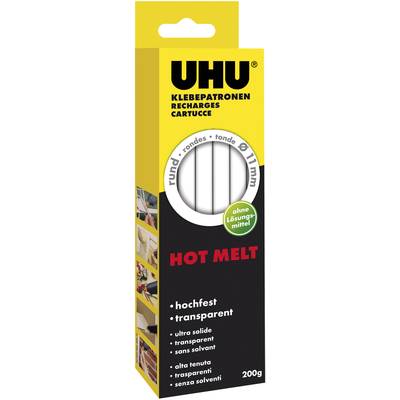 'UHU Hot Melt Glue Sticks, high-strength and transparent, 11mm diameter, 200g pack. Solvent-free, round.'