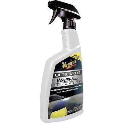 A spray bottle of 'Meguiar's Ultimate Wash & Wax Anywhere', suitable for car paint-friendly cleaning without water.