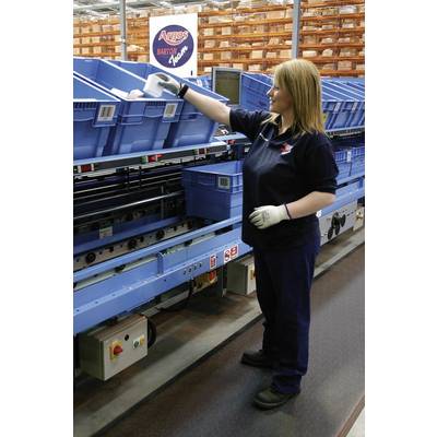 A person is sorting goods into blue crates on a conveyor belt in a warehouse. Stacked crates can be seen in the background.