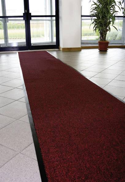 A long, red carpet runs from a large window front through a corridor. A potted plant stands on the right.