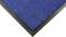 Blue carpet with black edging in a corner, showing texture and material.
