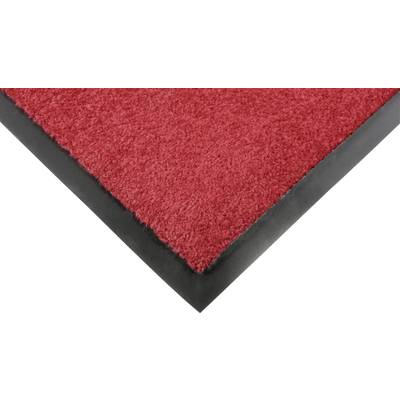 Red doormat with a black border, view of the bottom corner. Suitable for entrance areas, provides non-slip grip.