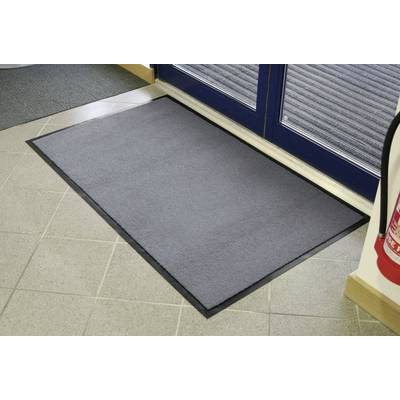 Grey doormat in front of a door on light tiles, prevents dirt in the entrance area. A fire extinguisher stands to the right.