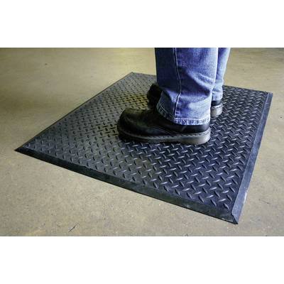 A person is standing on a black, non-slip mat on a concrete floor, wearing jeans and black work boots.
