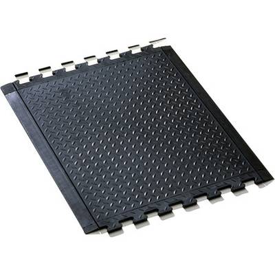 A black, square floor mat with a non-slip surface and interlocking edges, ideal for work areas.