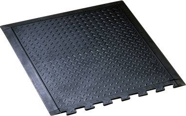 A black, square anti-fatigue mat with a non-slip surface. Suitable for use in workshops or at standing workstations.