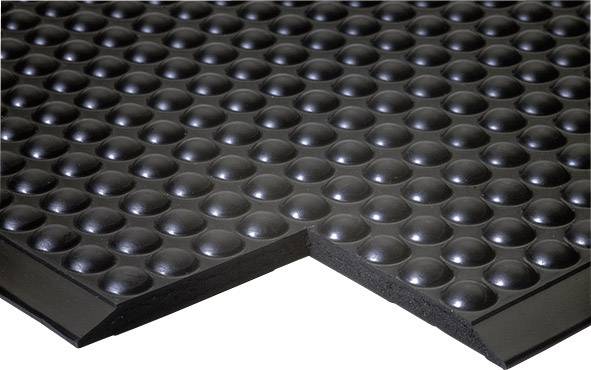 Black anti-fatigue mat with a structured, round-studded surface and bevelled edge, suitable for workplaces.